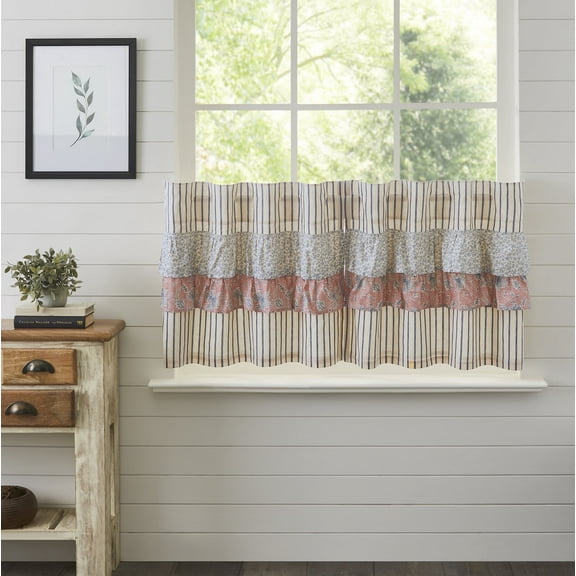 VHC Brands Kaila Country Cottage Ruffled Blue Ticking Stripe Kitchen Curtain Tier Set L24xW36