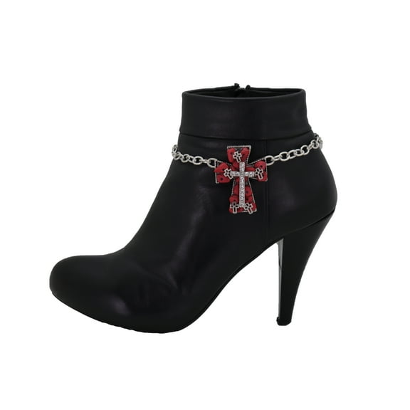 Women Silver Metal Chain Boot Bracelet Shoe Red Cross Charm