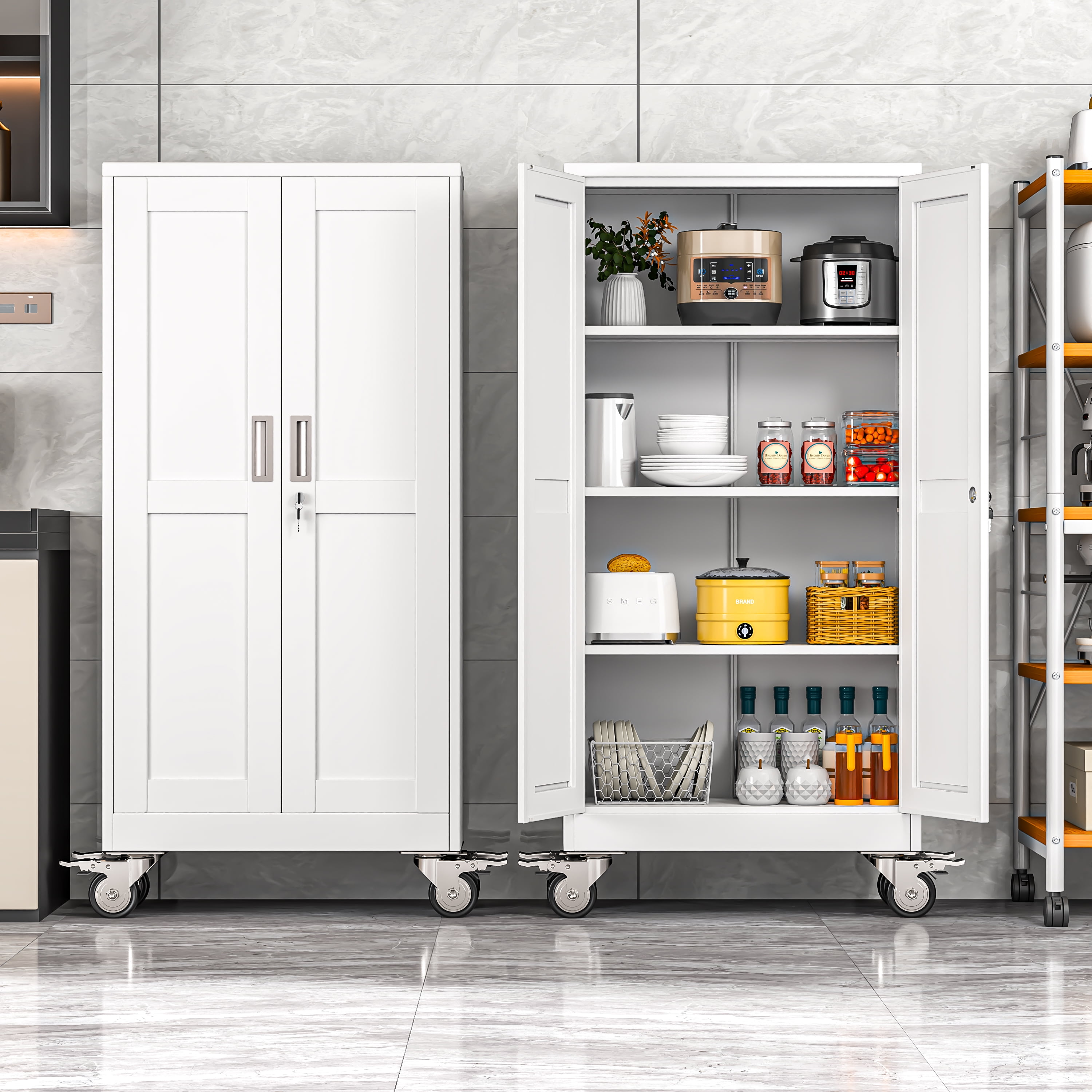 Erosoei 61"H Metal Garage Storage Cabinet with Wheels, Tool Storage Cabinet with 3 Adjustable Shelves