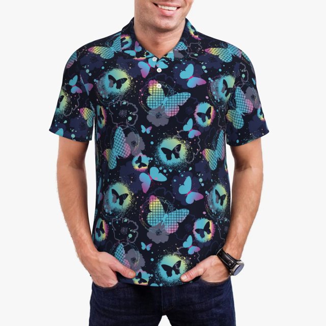 Balery Blue Butterfly Camisa Polo de Hombre con Estampado, de Manga Corta y Tejido Medio, Camisa Tipo Golf Polo-Medium