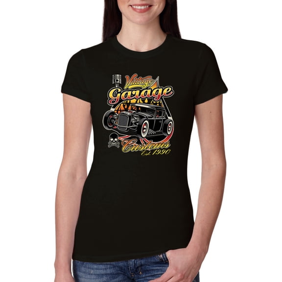 1990 Vintage Garage Customs Hot Rod Classic Car Cars and Trucks Womens Slim Fit Junior Tee, Black, Small