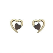 18K Solid Yellow Gold open Heart with White Gold Polished Heart Stud Covered Screw back Earrings