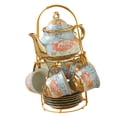 thumbnail image 4 of Juego de té de cerámica con tetera, tazas y platillo hecho a mano para 6 personas con acabado dorado. Azul, 4 of 9