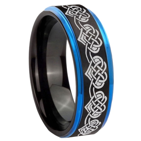 Celtic Knot Heart Step Edge Black And Blue Tungsten Ring 10MM