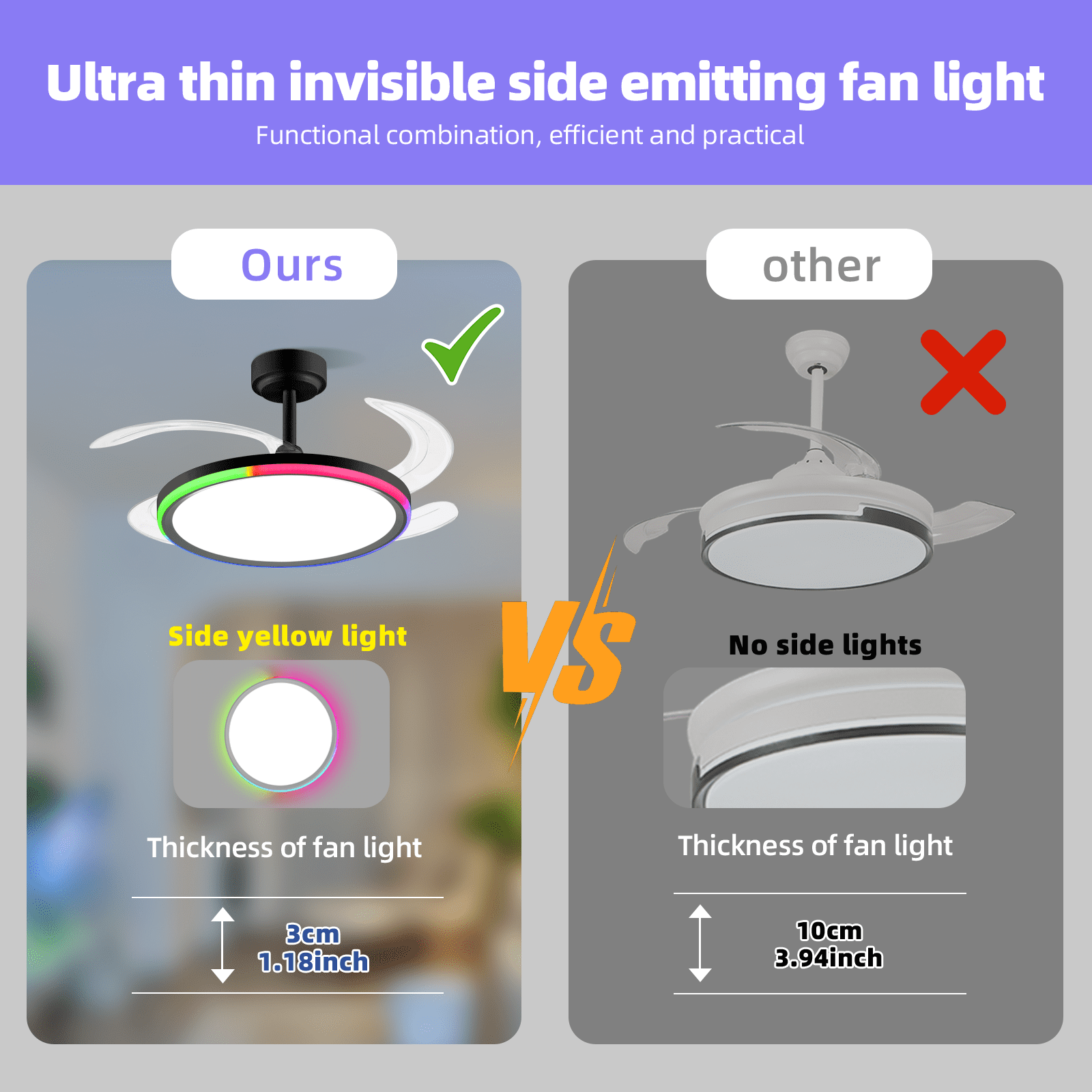 BAYSQUIRREL 42in Slim Retractable Ceiling Fan with RGB Light, Bluetooth Speaker, APP/Remote Control, 6-Speed Reversible, Dimmable Full Spectrum & Memory