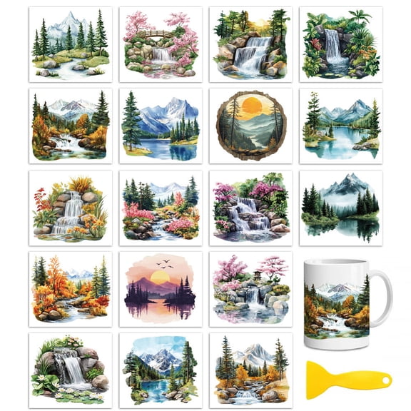 18 Sheets Rub On Transfers for CraftsLandscape UV DTF Cup Wrap Waterproof Cold Transfers Stickers for Wood Glass Home Decor 3.6 * 3.9inch