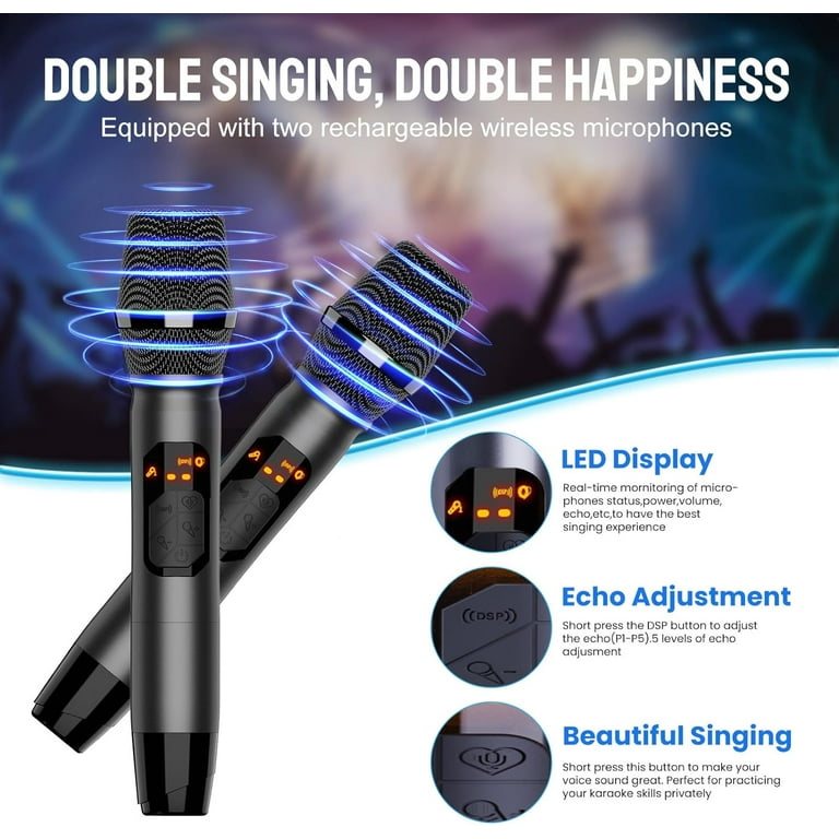 RHM K666PLUS Karaoke Machine with RGB Lights, 2 Wireless Mics
