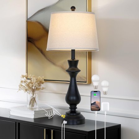 Modern Black Table Lamp for Living Room, 30" Tall Bedside Lamp with USB Charging Port, 3-Way Dimmable Touch Nightstand Lamp for Bedroom Desk, Office