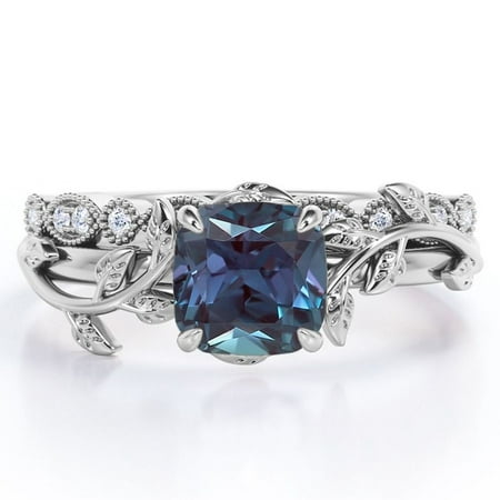 JeenMata Botanical Style - 1.75 Carat Cushion Cut Lab Grown Alexandrite and Moissanite - Filigree Milgrain Wedding Set - 18K White Gold Plating over Silver