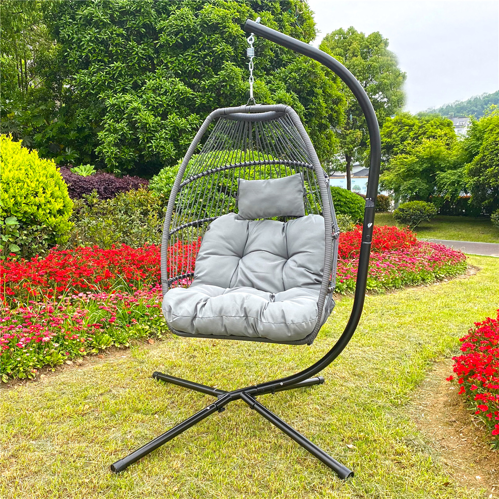 Outdoor Swinging Egg Chair, Patio Wicker Hanging Chairs with Stand, UV