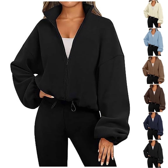 Danhjin Cropped Jackets for Women Full Zipper Fall Winter Long Sleeve Solid Color Casual Comfy Fashion Stand Collar Coat Going out Outerwear