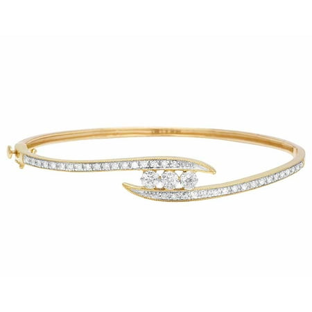 Ladies 14K Yellow Gold Real Diamond Flower Bangle Bracelet .65CT