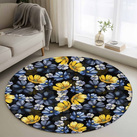 Round Area Rug 4 Ft, Blue Floral Washable Non-Slip Circle Carpet for Living Room/Bedroom, Vintage Yellow Garden Blossom Flower Low-Profile Crawling Mats Collection Rugs for Indoor