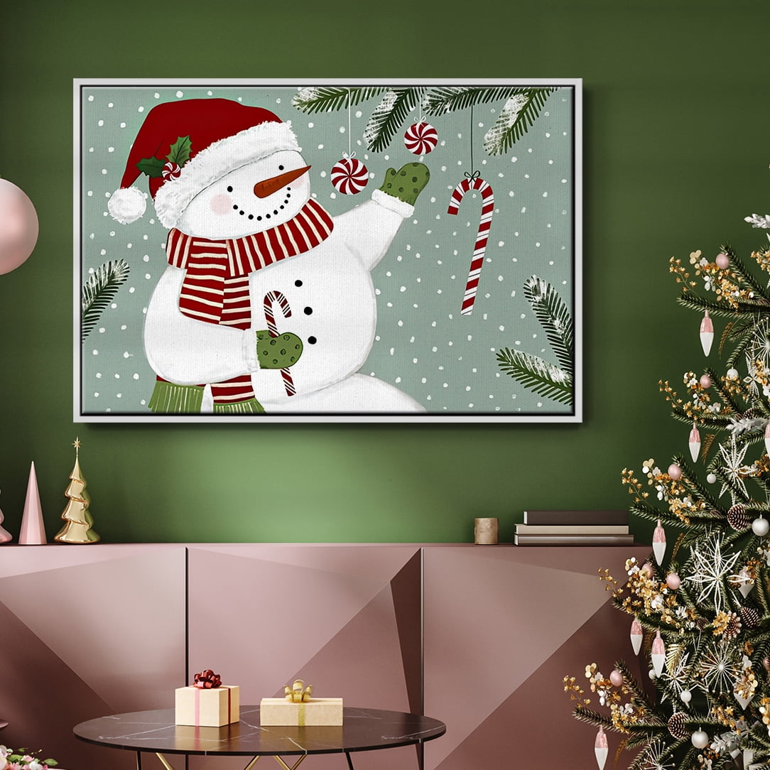 Peppermint Snowman Collection A - Framed Gallery Wrapped Holiday Canvas - 27 x 41 - White Frame