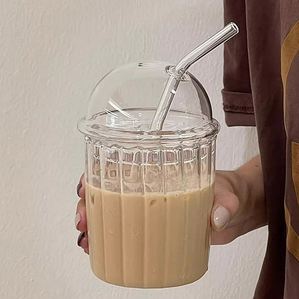 Vaso de vidrio de 15 oz para batido con tapa de cúpula y pajita - Vaso reutilizable de boca ancha de 450 ml para café helado, ideal para el hogar, la oficina y el bar - Vaso de vidrio de borosilicato
