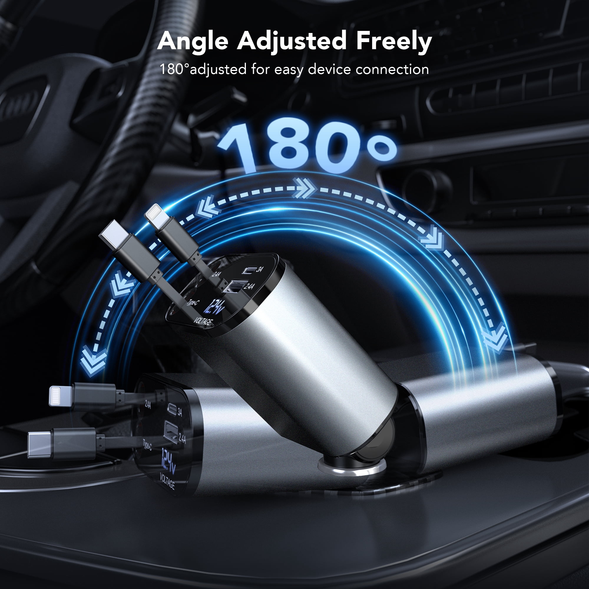 TAOHAI 60W 4-in-1 Retractable Car Charger USB C - Fast Charging Adapter with 2 USB Ports for iPhone 16/15, Galaxy, Pixel