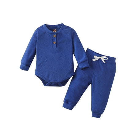 

Canrulo Unisex Newborn Baby Boy Girl Outfits Long Sleeve Solid Plush Romper Drawstring Pants 2Pcs Clothes Dark Blue 0-3 Months