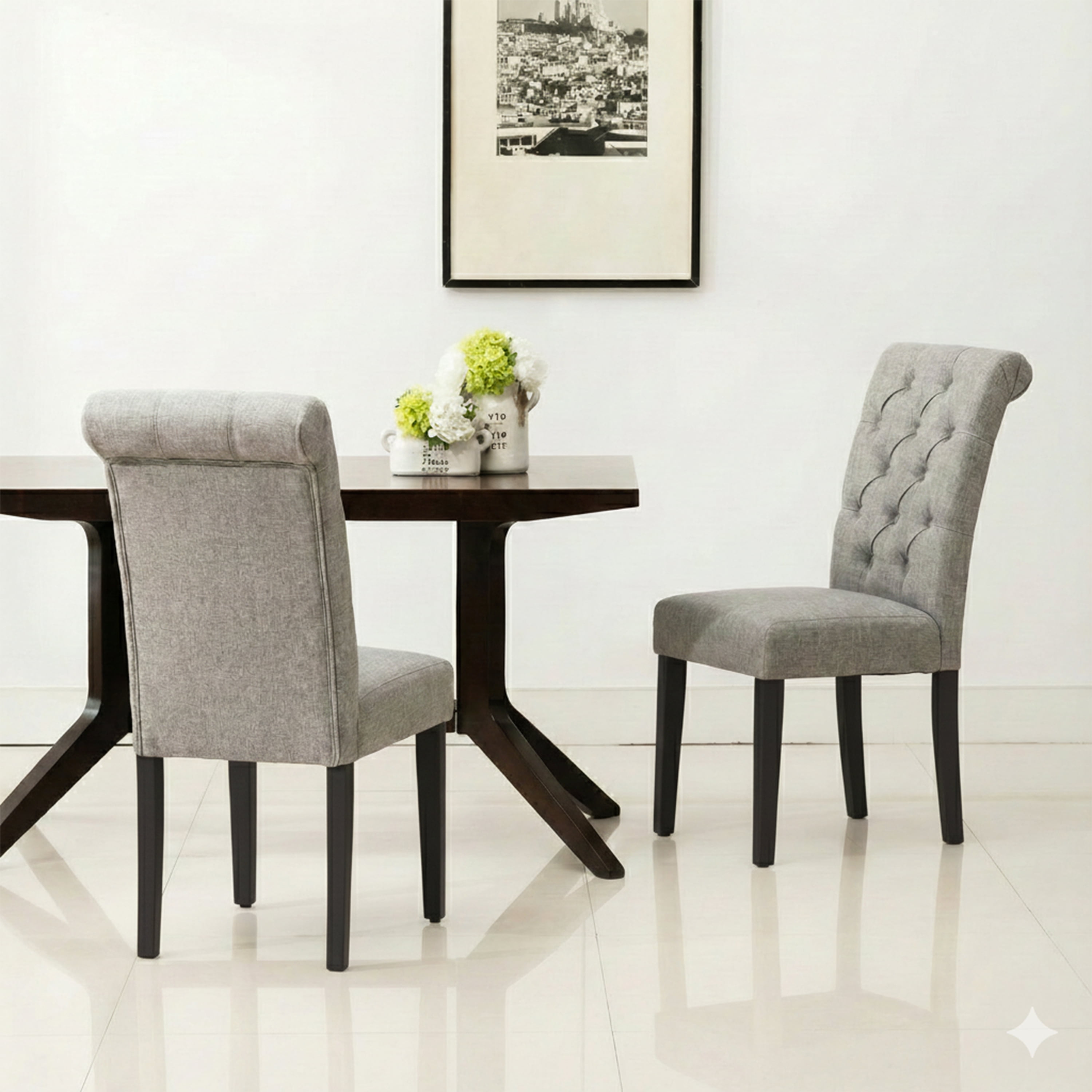 Natalie Roll Top Tufted Grey Linen Fabric Modern Dining Chair (Set of 2)
