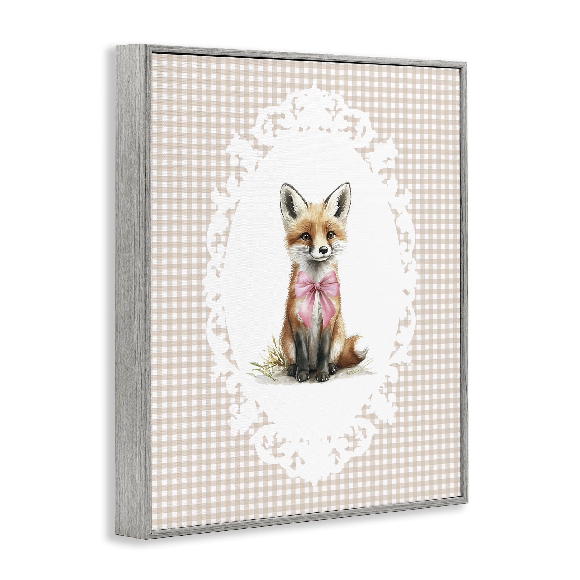 Stupell Industries Vintage Bow Fox on Gingham Gray Framed Giclee Art, design by Christine Simpson Art