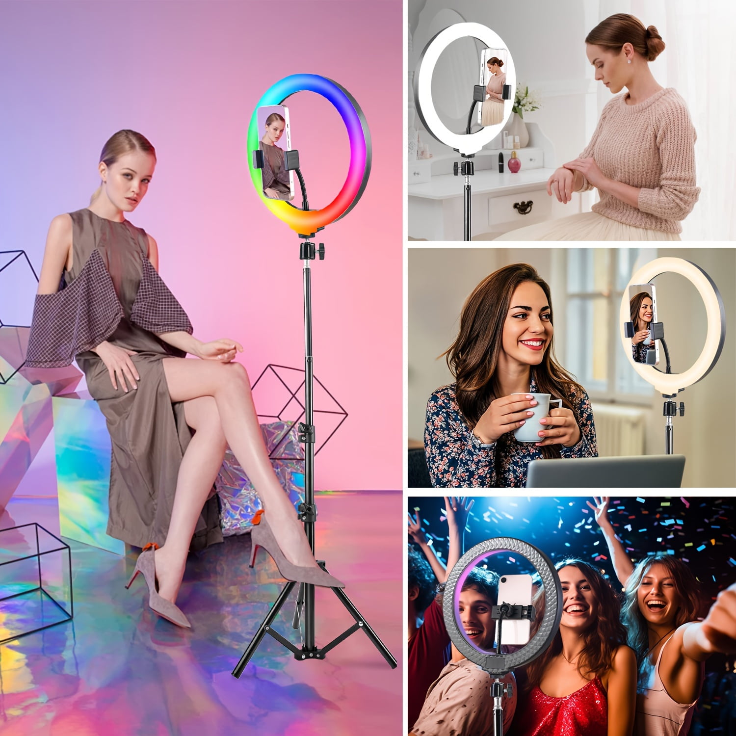 ZOMEI 10-Inch Selfie Ring Light with Adjustable 43.3-inch Tripod Stand, 39cm Extension Rod & Phone Holder - Dimmable LED Ringlight for Makeup, Live Streaming, Photography, RGB Color Modes
