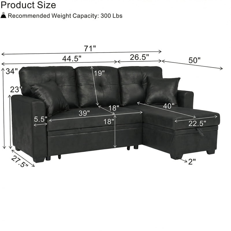 L-Shaped Sectional Sofa with Pull-Out Bed and Reversible Chaise, Convertible Sleeper Sofa Bed Modern Couch Bed for Living Room Apartment