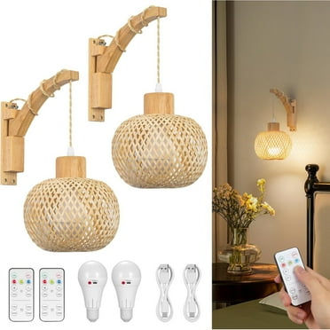 Glitnous Set of 2 Wall Sconces,Boho Woven Rattan Wall Hanging Lamps,Battery Operated Wall Sconce with Remote Control，Wireless Wall Sconce/Lamp for Bedroom Hallway