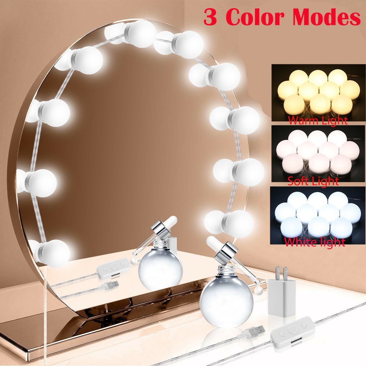 Plug in Dimmable Brightness 3 Color Modes Vanity Lights for Mirror 10 LED Bulbs Hollywood Makeup Lights Stick up for Dressing Table Bathroom Body Wall Mirror Lights 