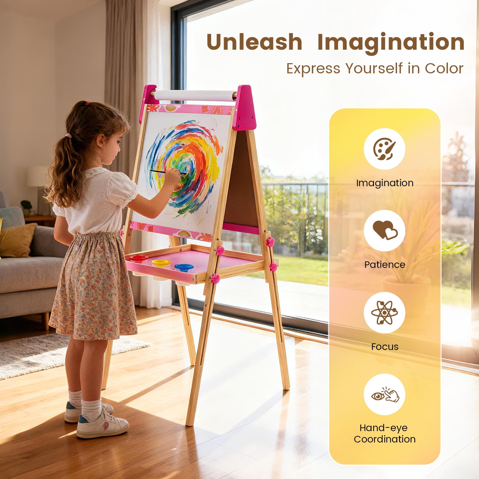 CONCETTA Kids Easel, Double-Sided Magnet Whiteboard & Chalkboard with Paper Roll, Storage Shelf & Accessories, Pink