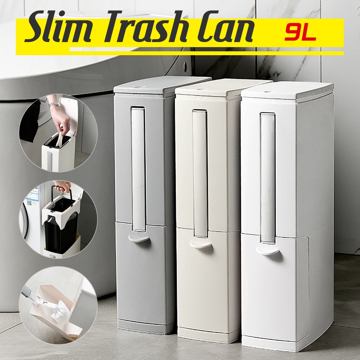 Details about   9L Accessories Slim Bathroom Trash Bin Can Dustbin With Toilet Brush Garbage 