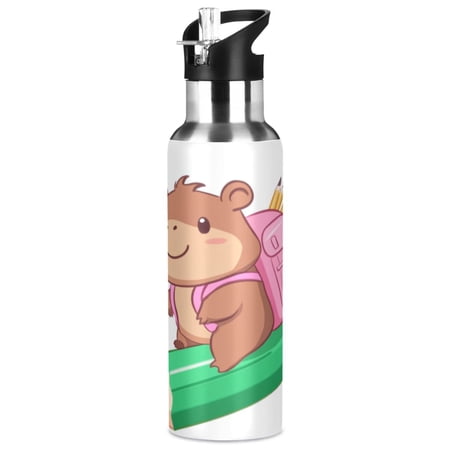 1000ml Vacuum Insulated Sports Water Bottle with Foldable Straw Stainless Steel Portable Thermos Cup Cute Brown Capibara