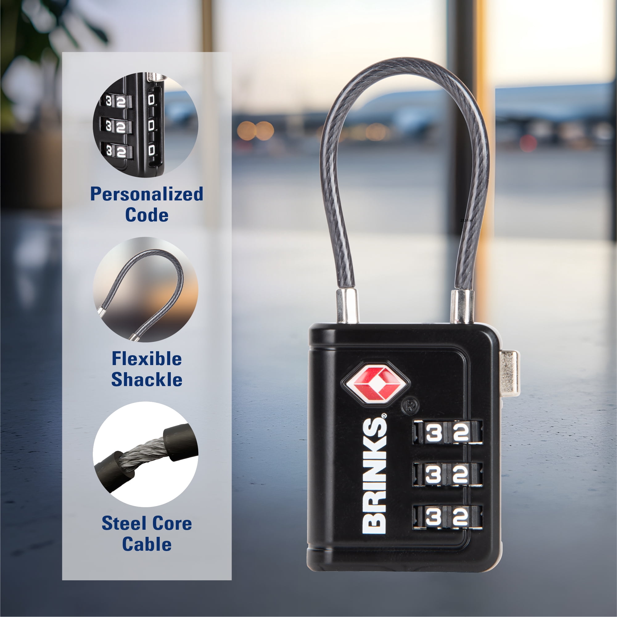 (4 pack) Brinks 34mm TSA Indicator Combination Padlock with Steel Cable Shackle, Black