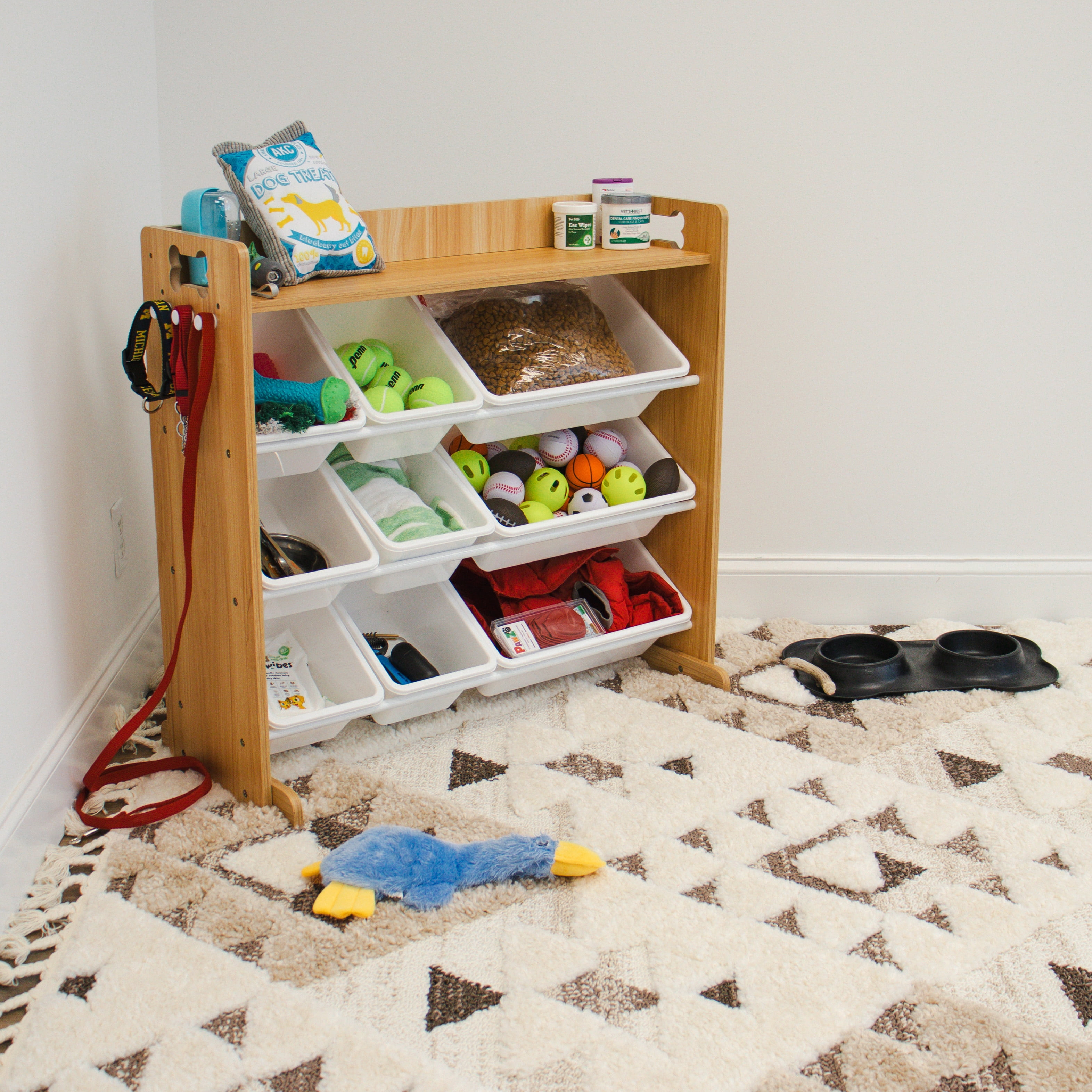 Humble Crew Aspen Pet Supplies Storage Organizer with Shelf and 9 Plastic Storage Bins, Natural/White