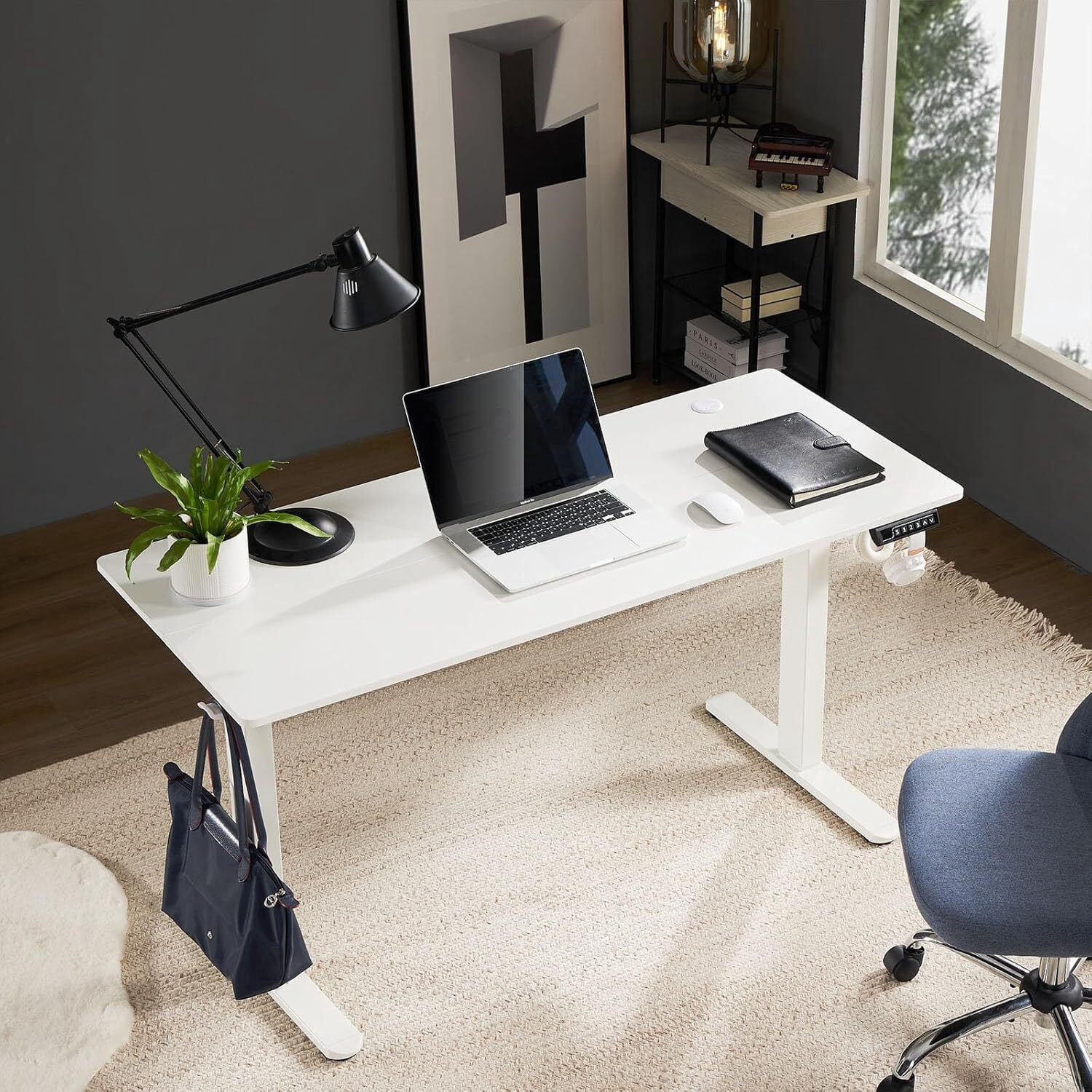 AENKYO Electric Height Adjustable Standing Desk with T-Shaped Metal Frame, Ergonomic Home Office Workstation for Computer, Modern Sit to Stand Desk，White