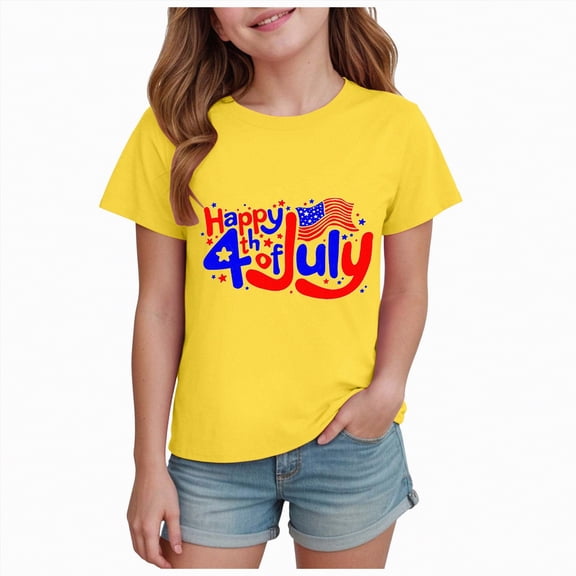 Yindaity Memorial Day Shirts for Girl Girl July 4th Crop Tops Stars Stripes Tshirt American Flag Girls Patriotic Outfits(Yellow,7-8 Years)