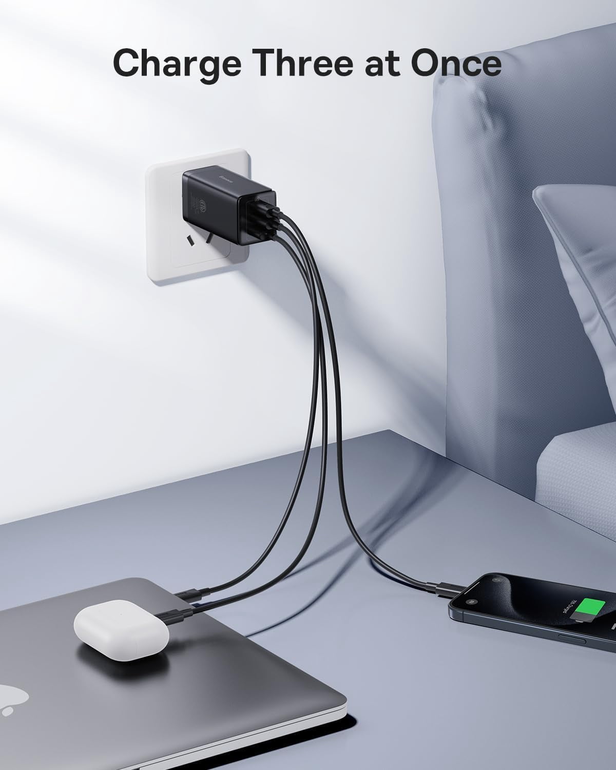 Baseus 65W Power Adapter, USB C Fast Charging Adaptor with USBC Plug, Black