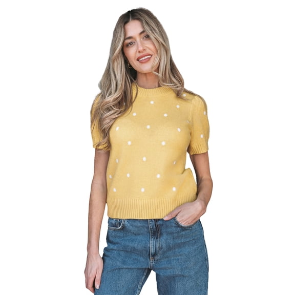 Women's Polka Dot Short Sleeve Sweater – Yellow Cream Knit Round Neck Casual Top, XL