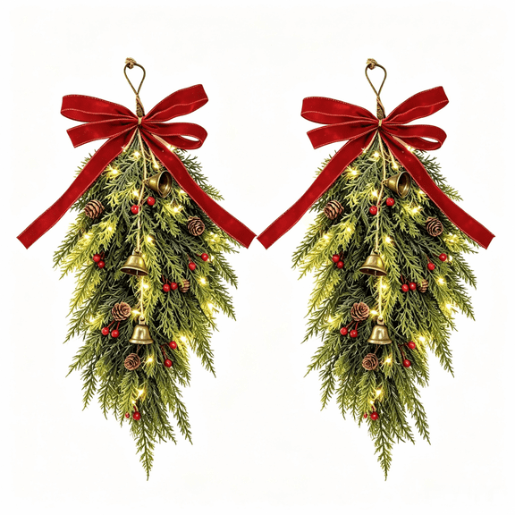 2 Pcs Artificial Evergreen Branches Christmas Swag with Bells, 20 Inch Teardrop Wreath with Red Berries, Pine Cones, Red Bow and Warm Lights, Christmas Decor for Door, Window, Mantle and Fireplace