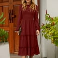 thumbnail image 2 of Dresses for Women 2022 Womens Autumn And Winter Solid Color Long Sleeve Round-neck Smocked Boho Dress A-Line Ruffle Frill Tiered Swing Midi Dress Floral Shirt Dresses Midi Dress Maxi Dress, 2 of 6