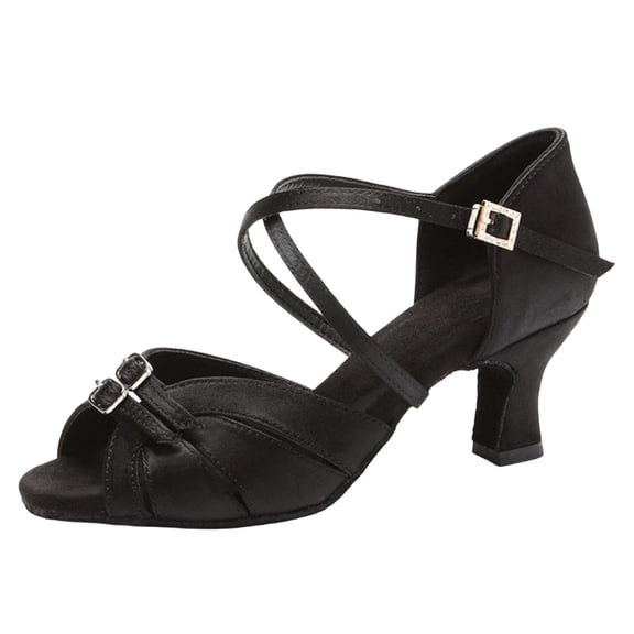 Black Ladies Adult Latin Dance Shoes Mid Heel 5.5Cm Soft Sole Satin Performance Footwear For Spring Summer Trendy Comfortable Textured Design