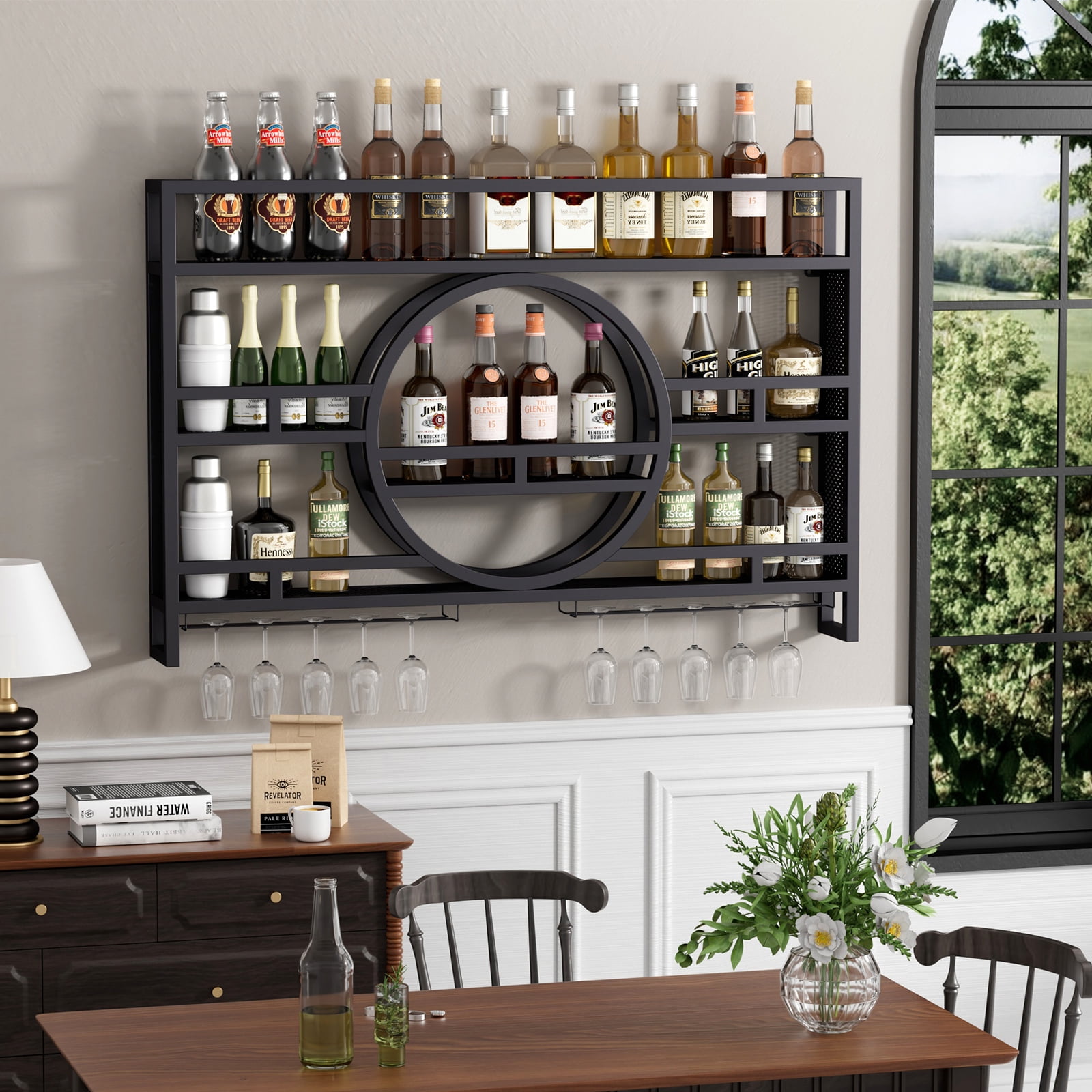 3-Tier Wine Rack Wall Mounted [NO ASSEMBLY REQUIRED], 39"Floating Bar Shelves with Wine Glass Holder Hanging Liquor Shelf Wall-Mounted Wine Racks Cabinets for Home Bar