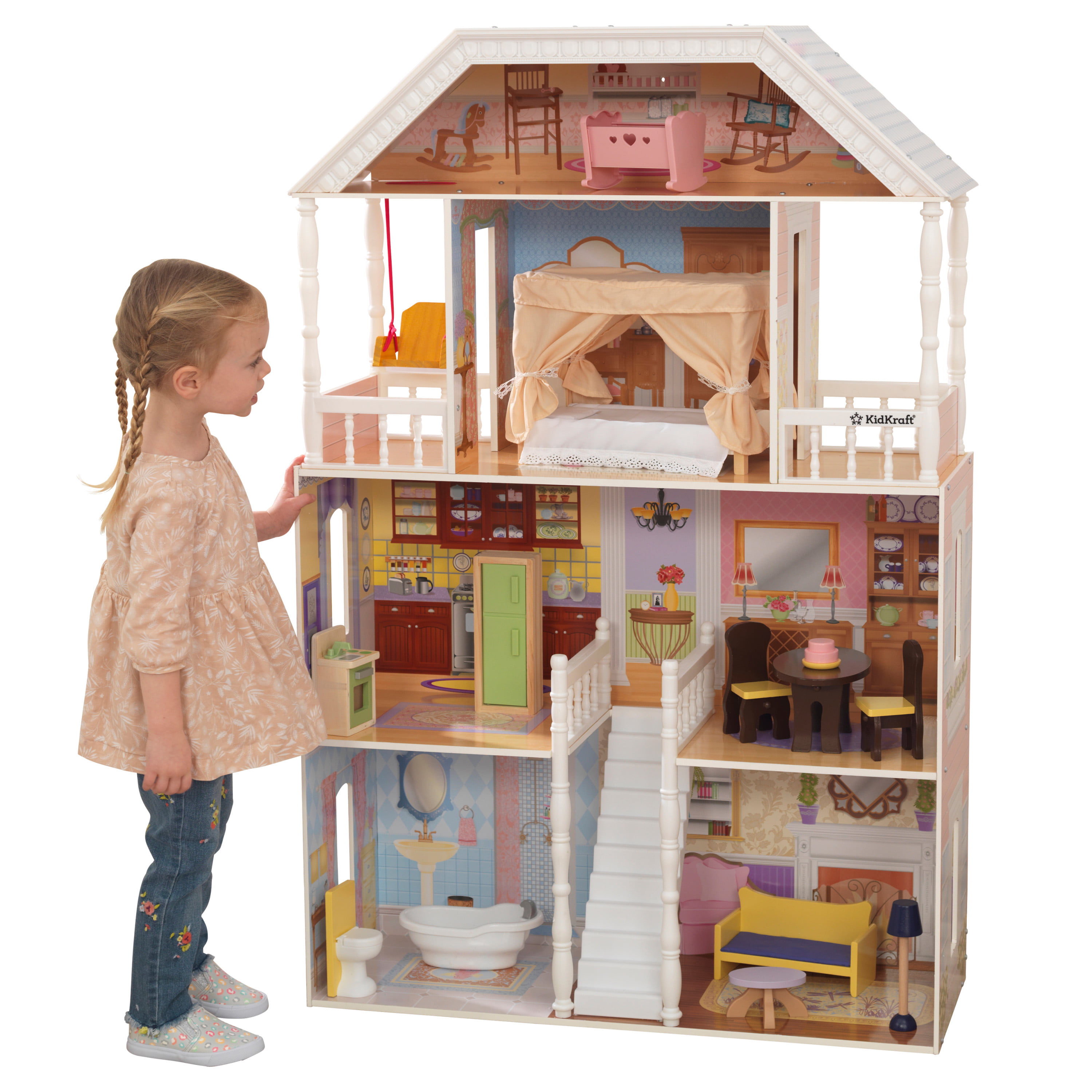 Doll House Girls Playhouse Barbie Toys Wooden Furniture 4 Levels 14 Accessories 