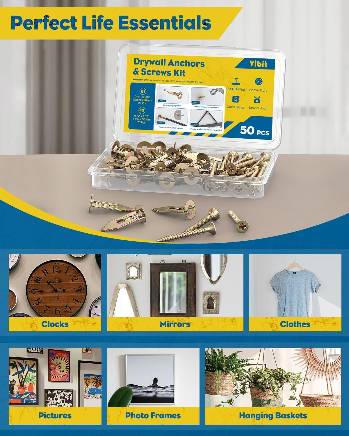 Self Drilling Drywall Anchors, Heavy Duty Wall Anchors for Drywall, Metal Dry Wall Anchors and Screws Kit, Carbon Steel Sheetrock Anchors with #6 x 1 3/8" Screws, Picture Hanging Kit, 50 Pcs