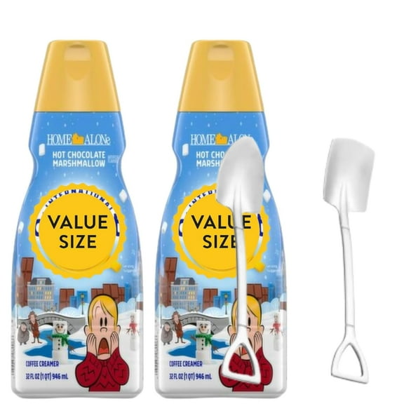 Candy Freezer Int'l Delight Shelf-stable Non-dairy Liquid Coffee Creamer.- Pack of Two (2) 32 fl oz Bottles (Hot Chocolate Marshmallow) with Shovel Spoon