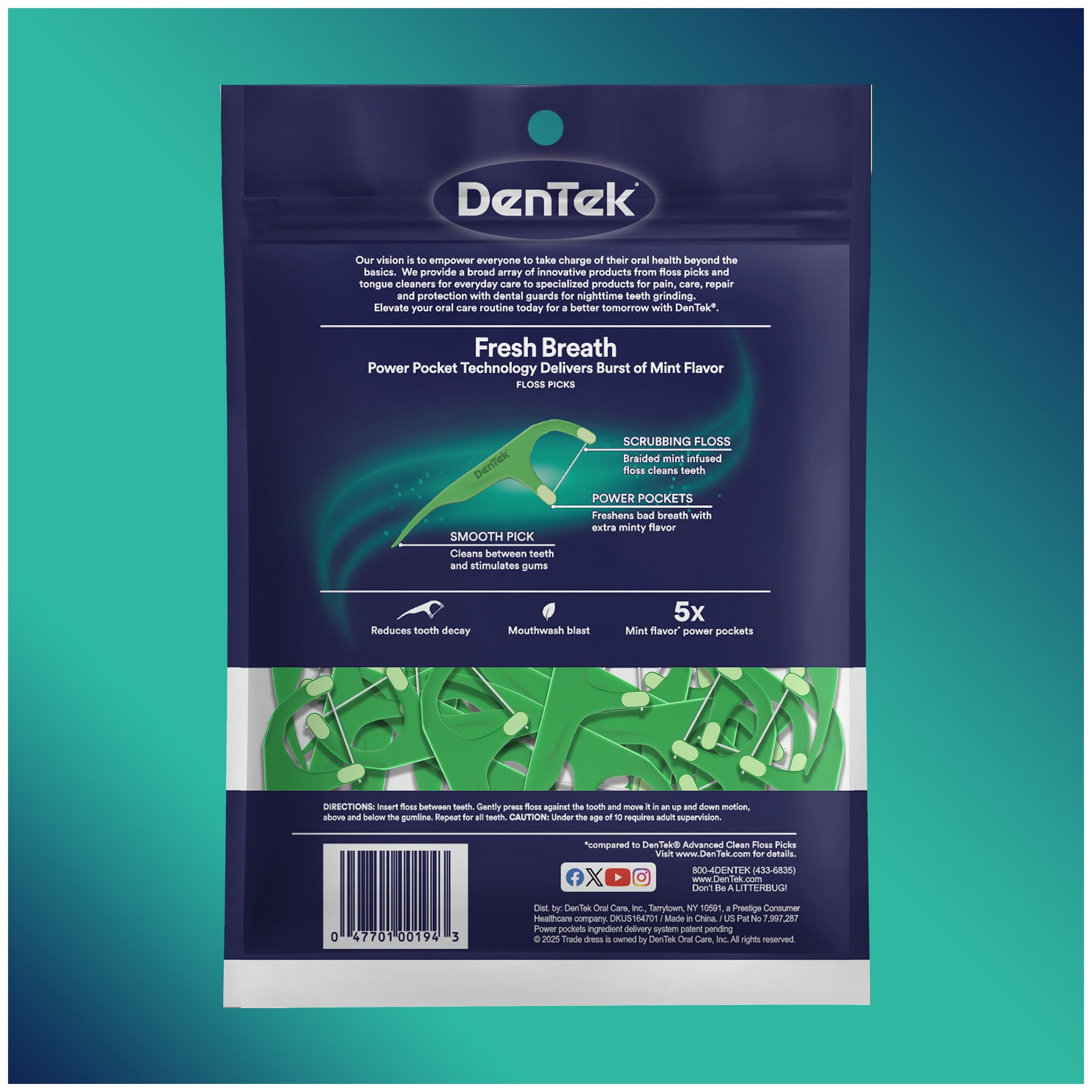 DenTek Fresh Breath Floss Picks with Mint Flavor Power Pockets, Dental Floss and Plaque Remover, 150 Count