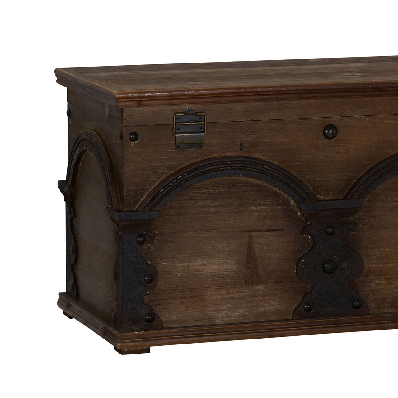 Household Essentials Large Wooden Arch Storage Trunk, Stained Wood with Decorative Arches, Flat-top, Hinged Lid, Brown