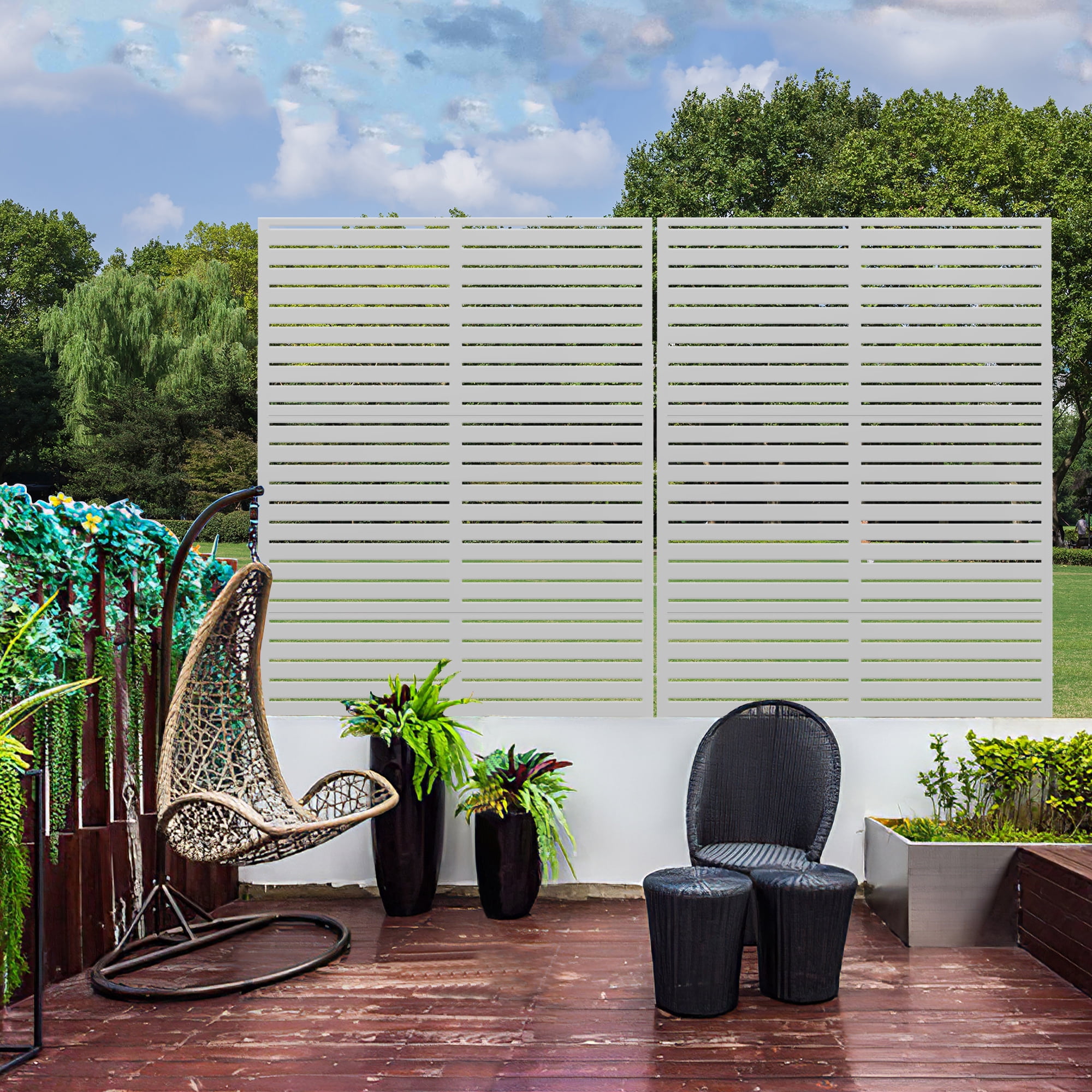 MAYEERTY 72×47" Outdoor White Metal Privacy Panel Screen for Backyard & Garden, Louvered Pattern
