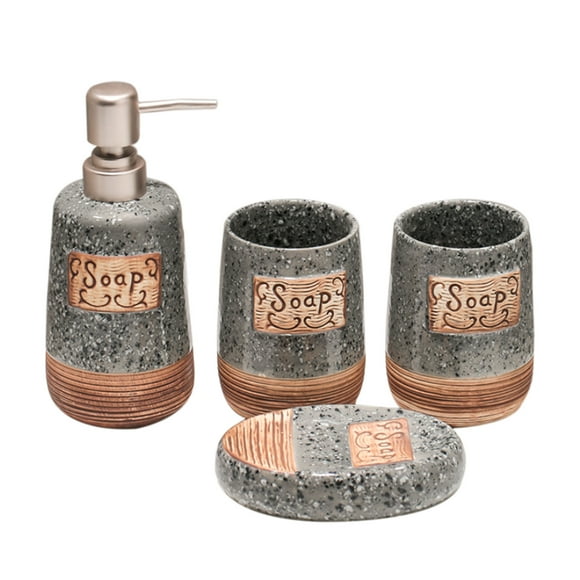 Qeeadee/ensemble d'Accessoires de Salle de Bain, Accessoires pour Salle de Bain, 4 Pcs/cadeau en Céramique Contient une Tasse à Brosse à Dents, Distributeur de Savon, Porte-Savon-Gris-4 Ensemble