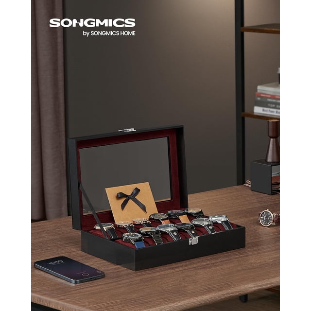 SONGMICS Caja de Relojes, Estuche con 12 Compartimentos, Cojín de Terciopelo, Cerradura, 20.2 x 30.2 x 7.8 cm, Negro y Rojo