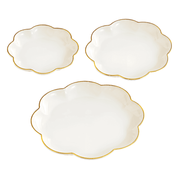 3 Pcs Milk White Flower Serving Dish Set, Plastic Flower Serving Dish with Metallic Rim, Lightweight Bone Dishes, Food-safe Dinner Plate Set, Snack Dessert Fruit Plate