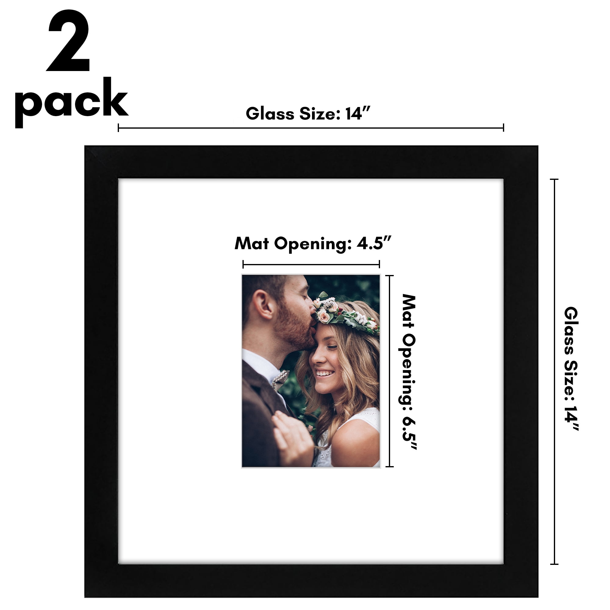 Americanflat 14x14 Picture Frame with Shatter-Resistant Glass with 5x7 Mat 2 Pack Wedding Signature - Black